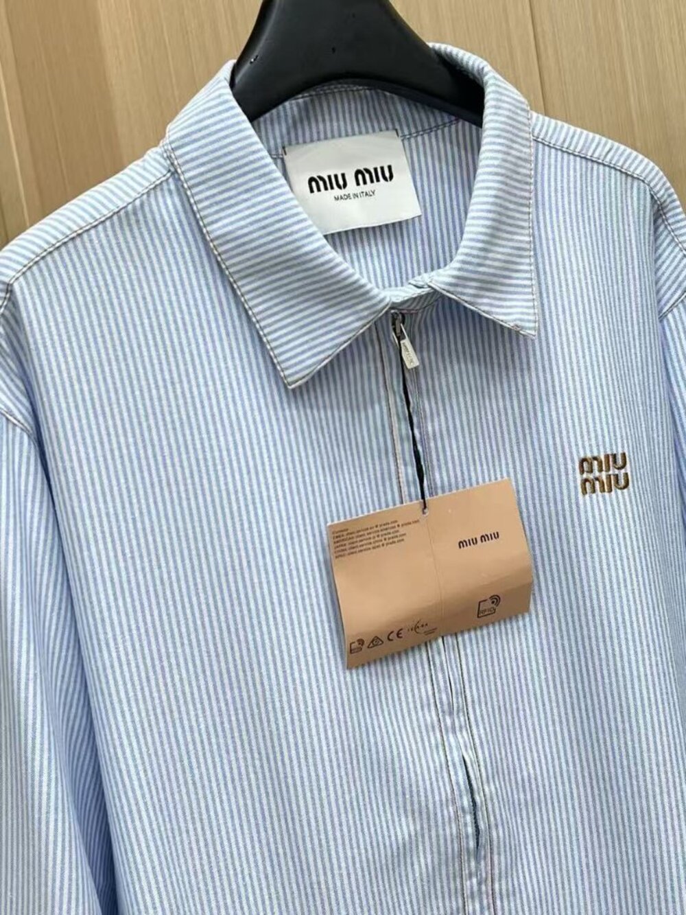 Miu Miu Light Blue White Pinstripe Cotton Zip Collared Jacket - Picture 3 of 4